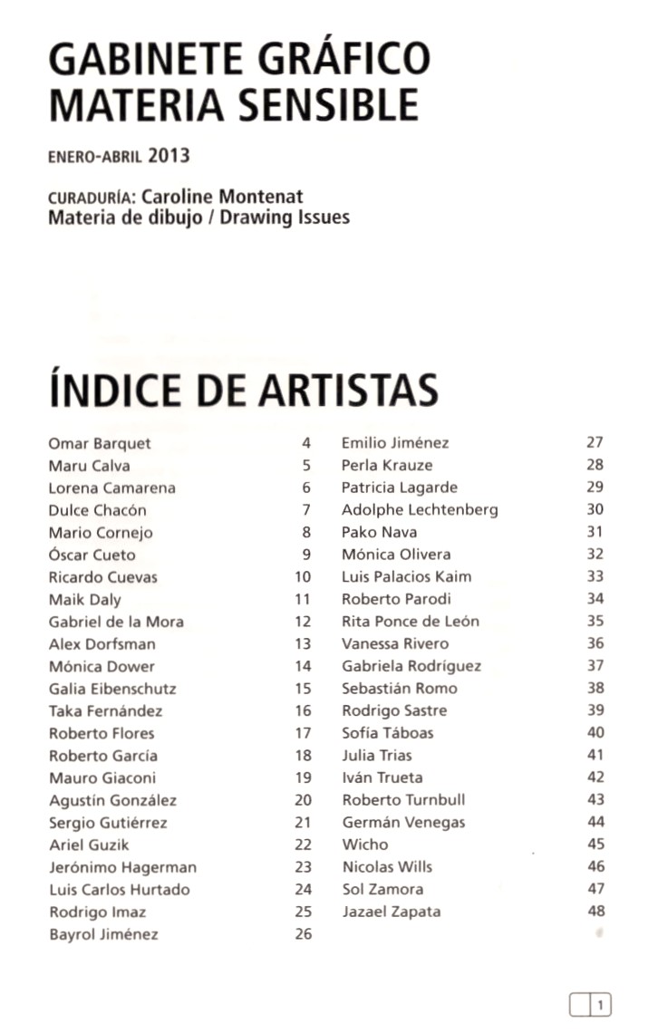 Índice de artistas, Materia sensible, Página 1, 2013.